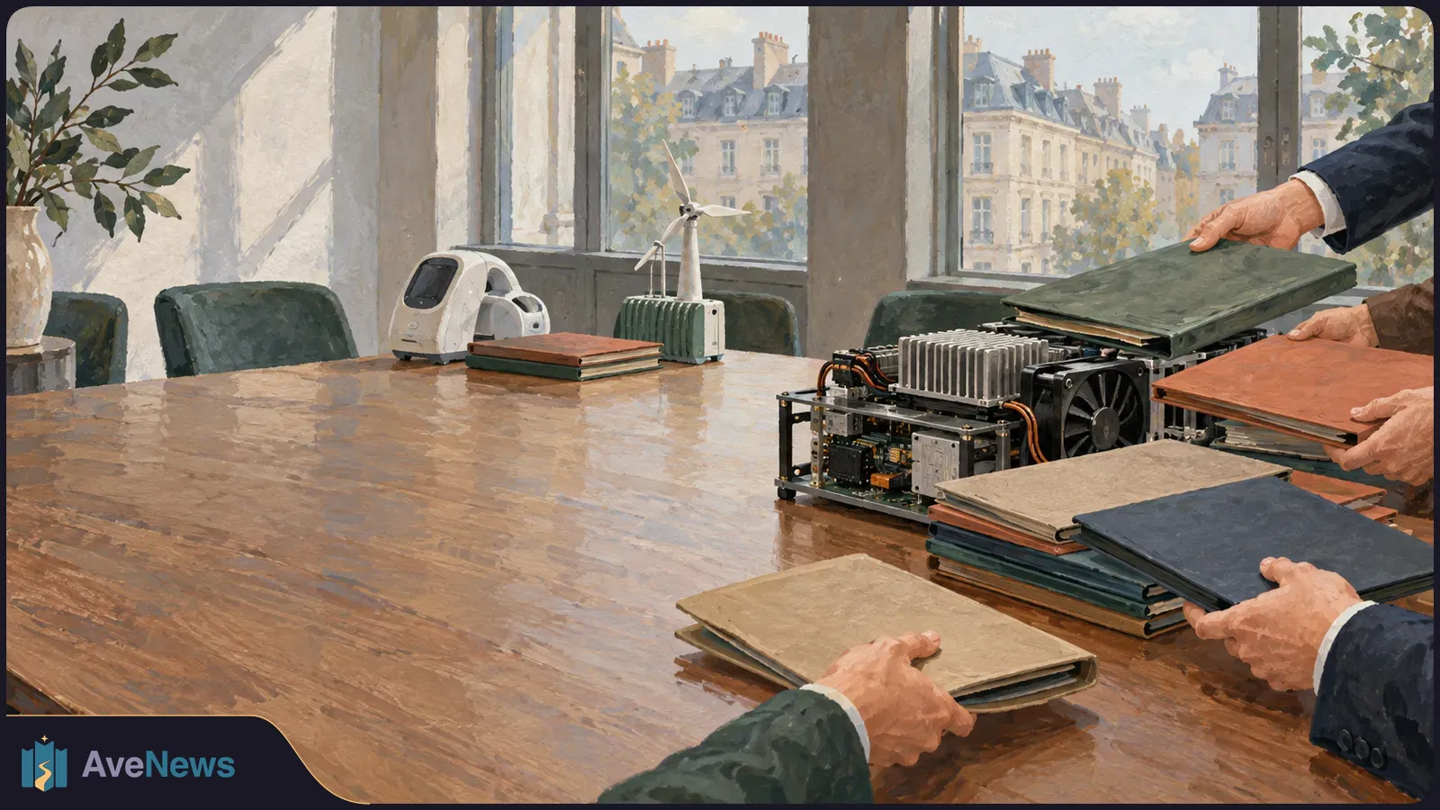Painted scene of hands passing folders around computer hardware on a meeting table, with a small robot and wind turbine by windows overlooking city buildings. SI illustration