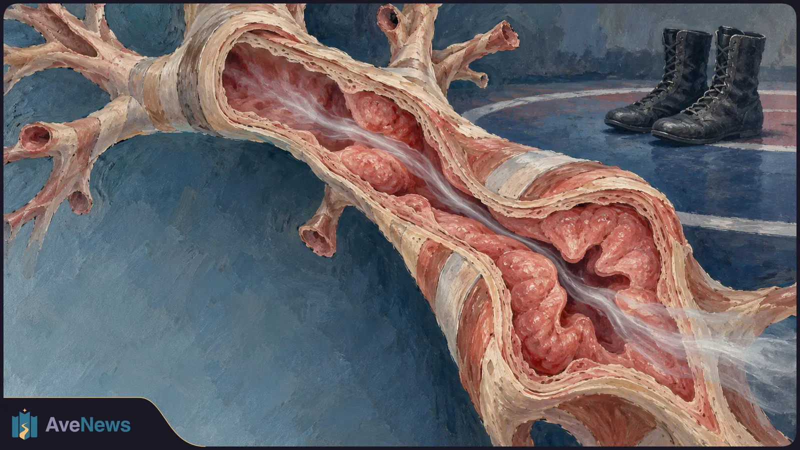 Painted cutaway of a branching airway with pink tissue inside and a pale stream running through it. A pair of black lace-up boots sits in the dark background. SI illustration