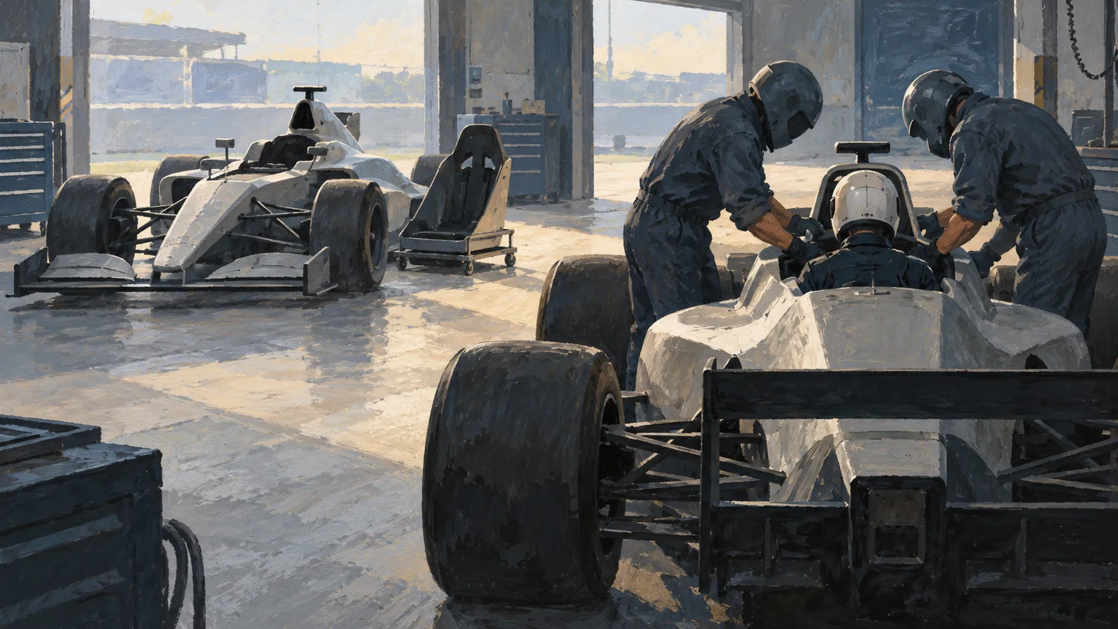 Illustration of two white open-wheel race cars in a garage. Two helmeted crew members lean over a driver seated in the foreground car; a spare seat rests on a trolley. SI illustration