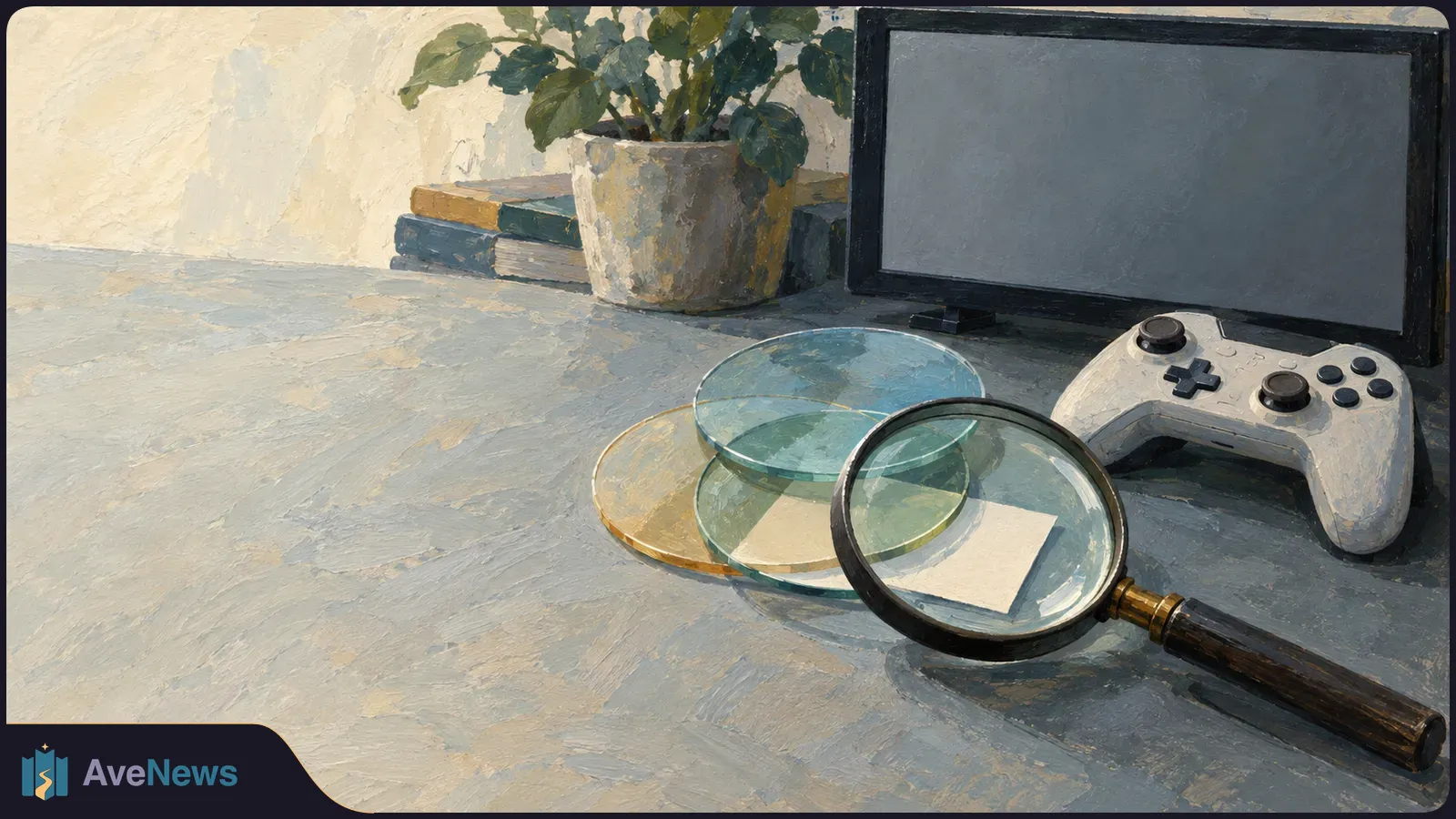 A painted still life of a magnifying glass over overlapping translucent discs, beside a game controller and blank screen. Books and a potted plant sit behind them. SI illustration