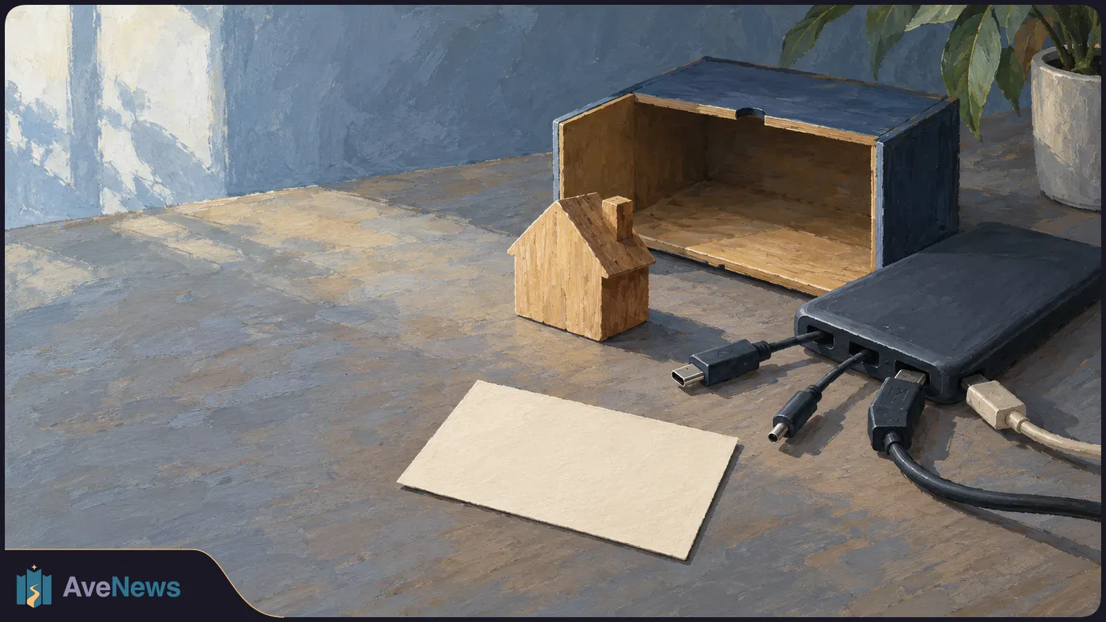 Painterly tabletop scene with a small wooden house, an open wooden box, a black rectangular device with cables, and a blank sheet of paper. SI illustration