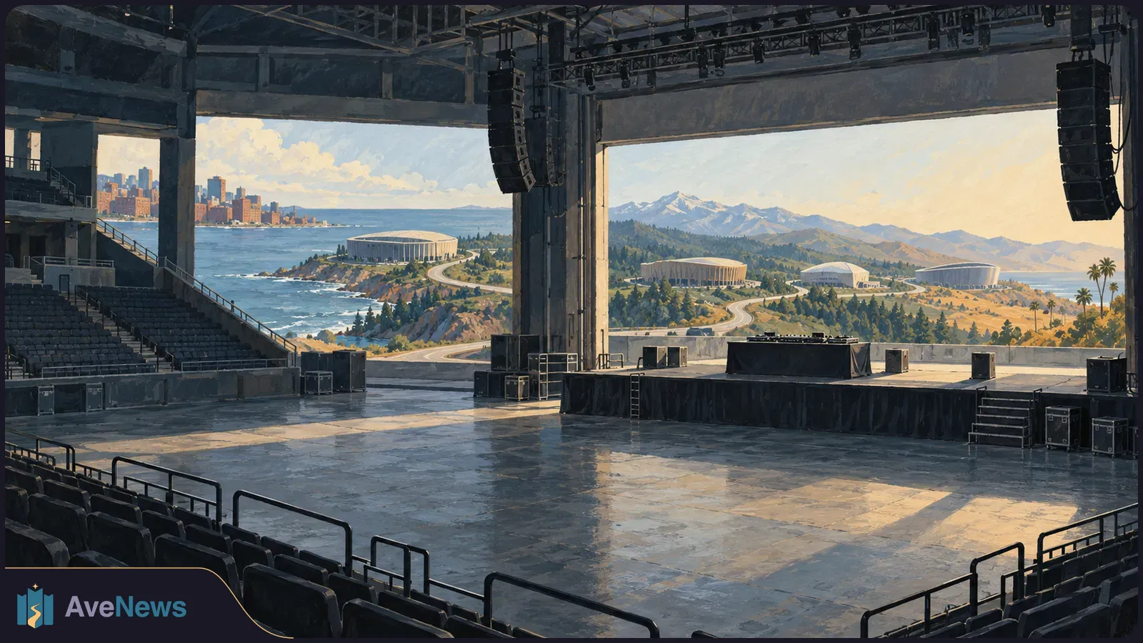 An illustrated empty concert arena with tiered seats, a stage, hanging speakers and lighting. A coast, city skyline and mountains are visible beyond its open sides. SI illustration