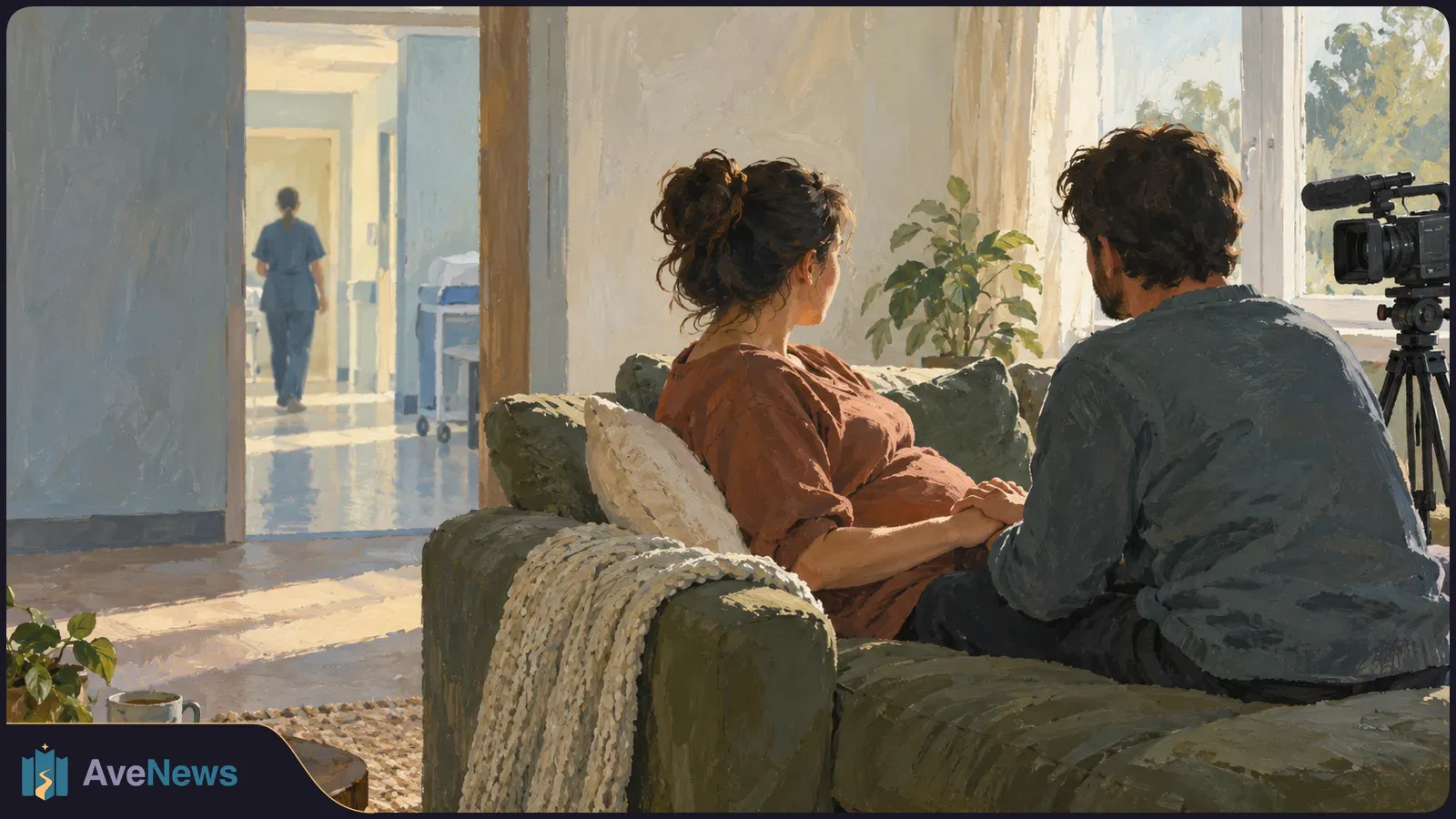 A painted scene shows a pregnant woman and a man holding hands on a sofa. A video camera stands beside them, and a person in blue walks down a hallway. SI illustration