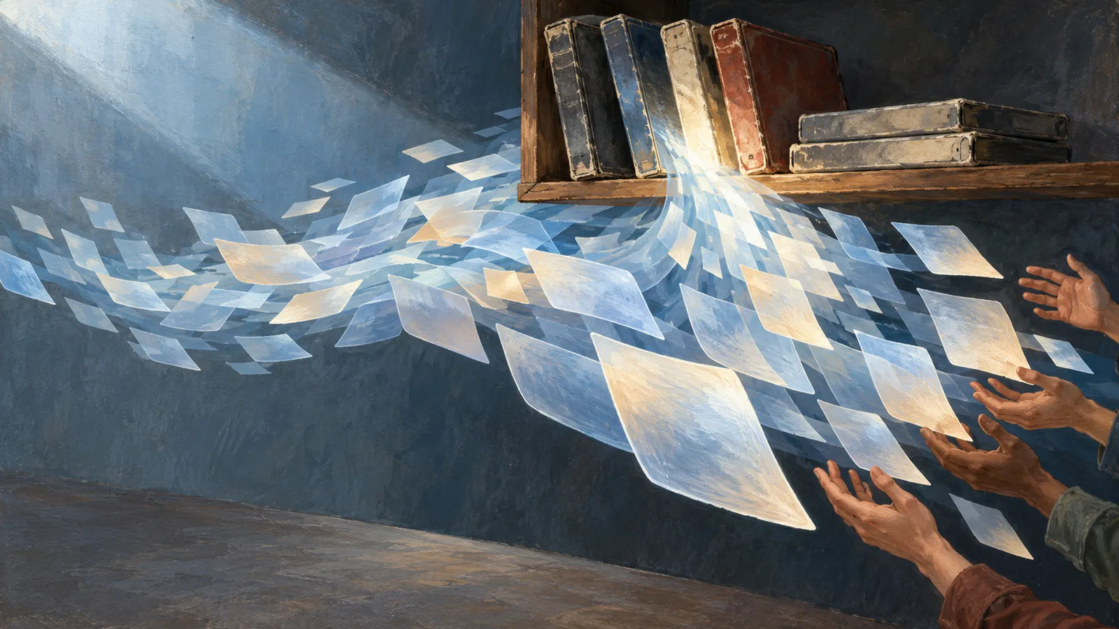 A painted stream of glowing sheets flows from old books on a shelf toward outstretched hands against a dark blue background. SI illustration