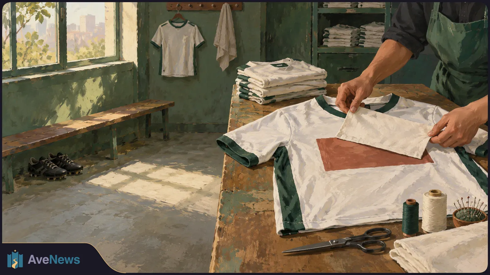 An illustrated workshop scene: hands hold a white fabric patch over a reddish panel on a football shirt. Folded shirts, thread and scissors sit nearby. SI illustration