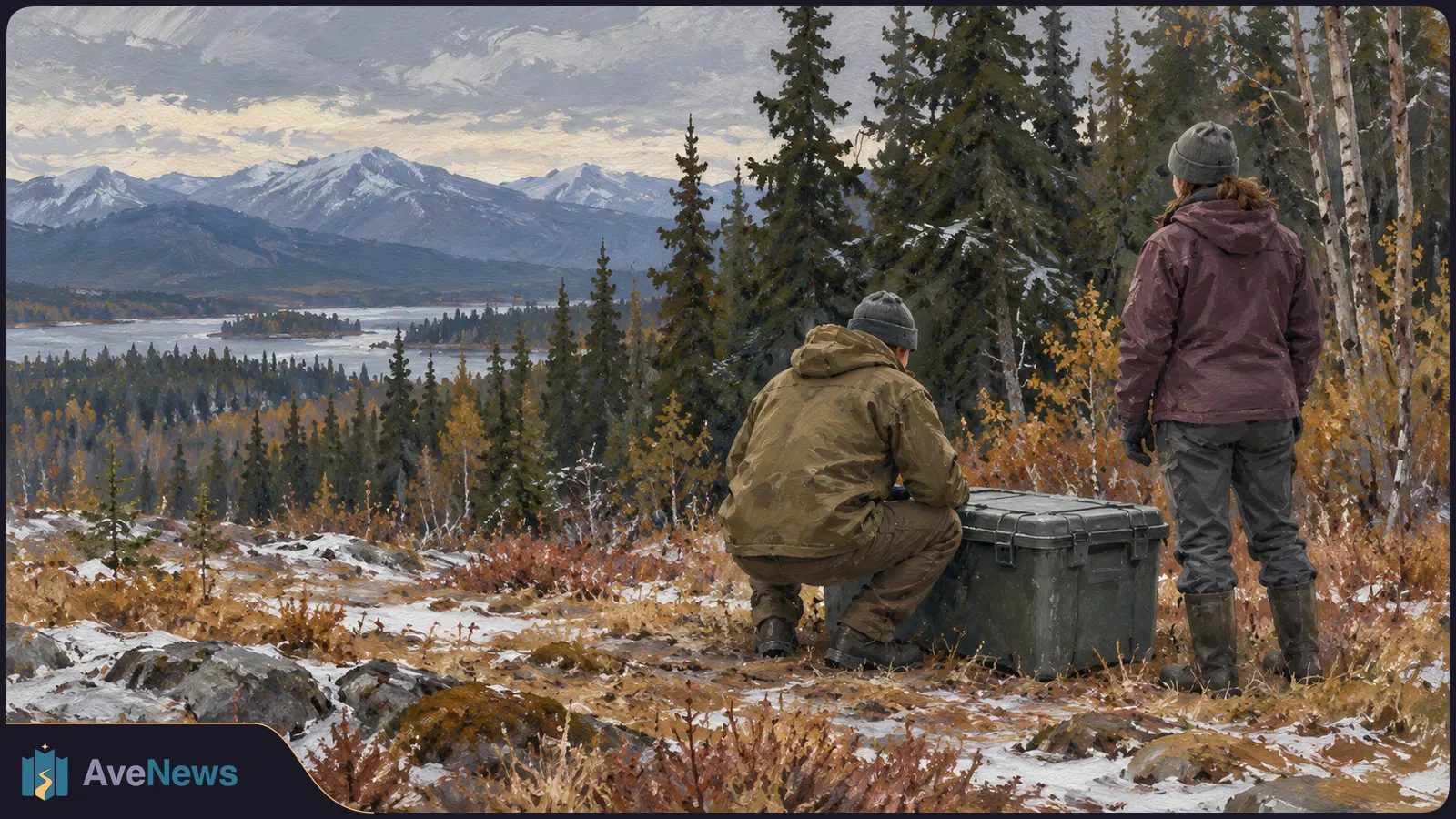 Painted landscape of two people beside a dark storage case on a snowy hillside, overlooking a forest, lake and mountains beneath a cloudy sky. SI illustration