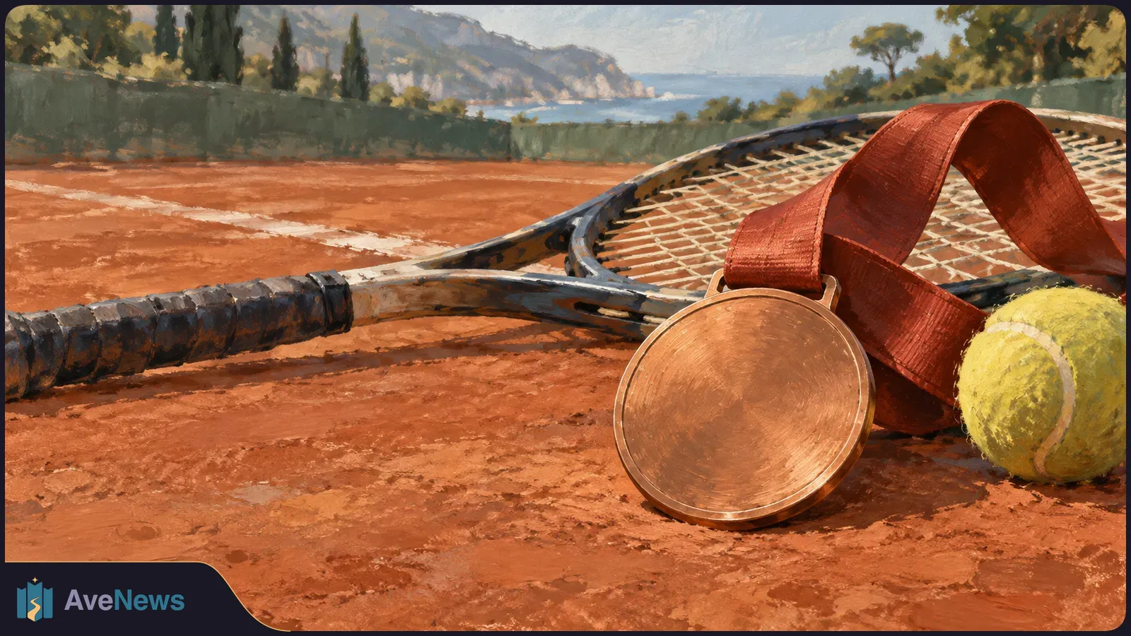 Painterly illustration of tennis rackets, a yellow ball and a bronze-colored medal with a red ribbon on a clay court, with trees, mountains and water beyond. SI illustration