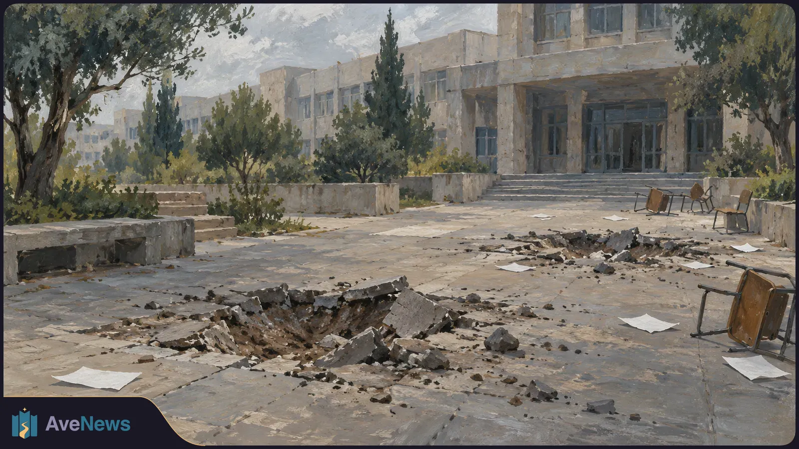 Painting of a large building with steps and trees, facing a courtyard with broken pavement, scattered rubble, papers and overturned chairs. SI illustration