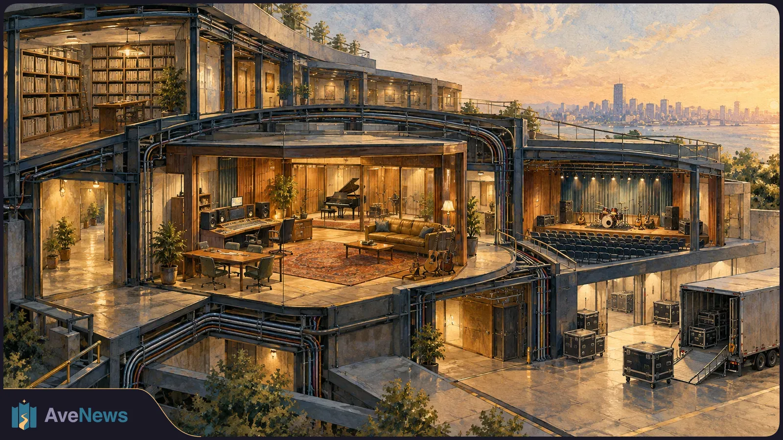 Painterly cutaway of a music complex with a recording studio, rehearsal stage, seating, and equipment cases beside a loading truck, with a city skyline across the water. SI illustration