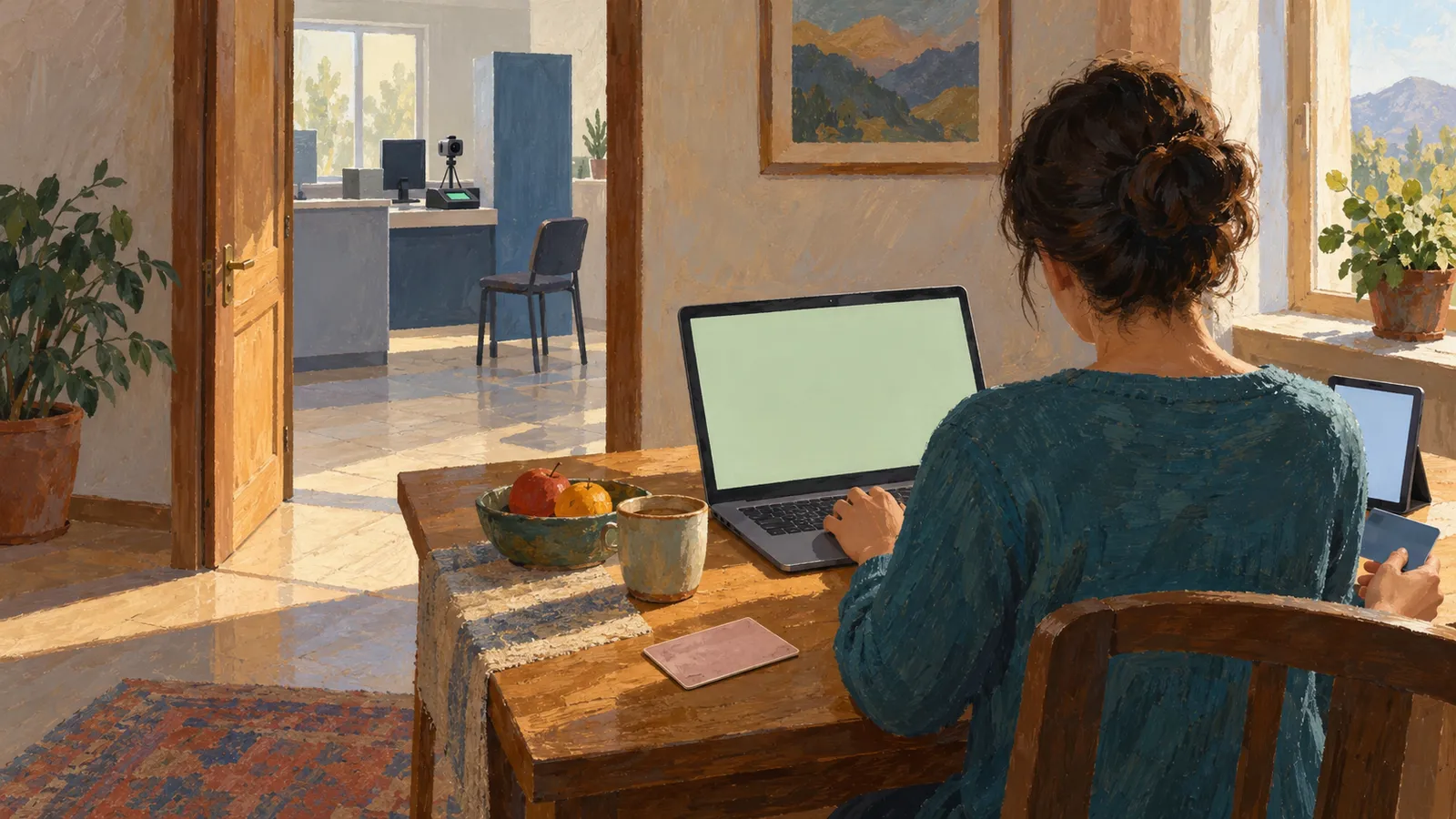 A painted scene shows a person at a laptop holding a card, with a cup and fruit on the table. Through an open doorway is a desk with a camera and chair. SI illustration