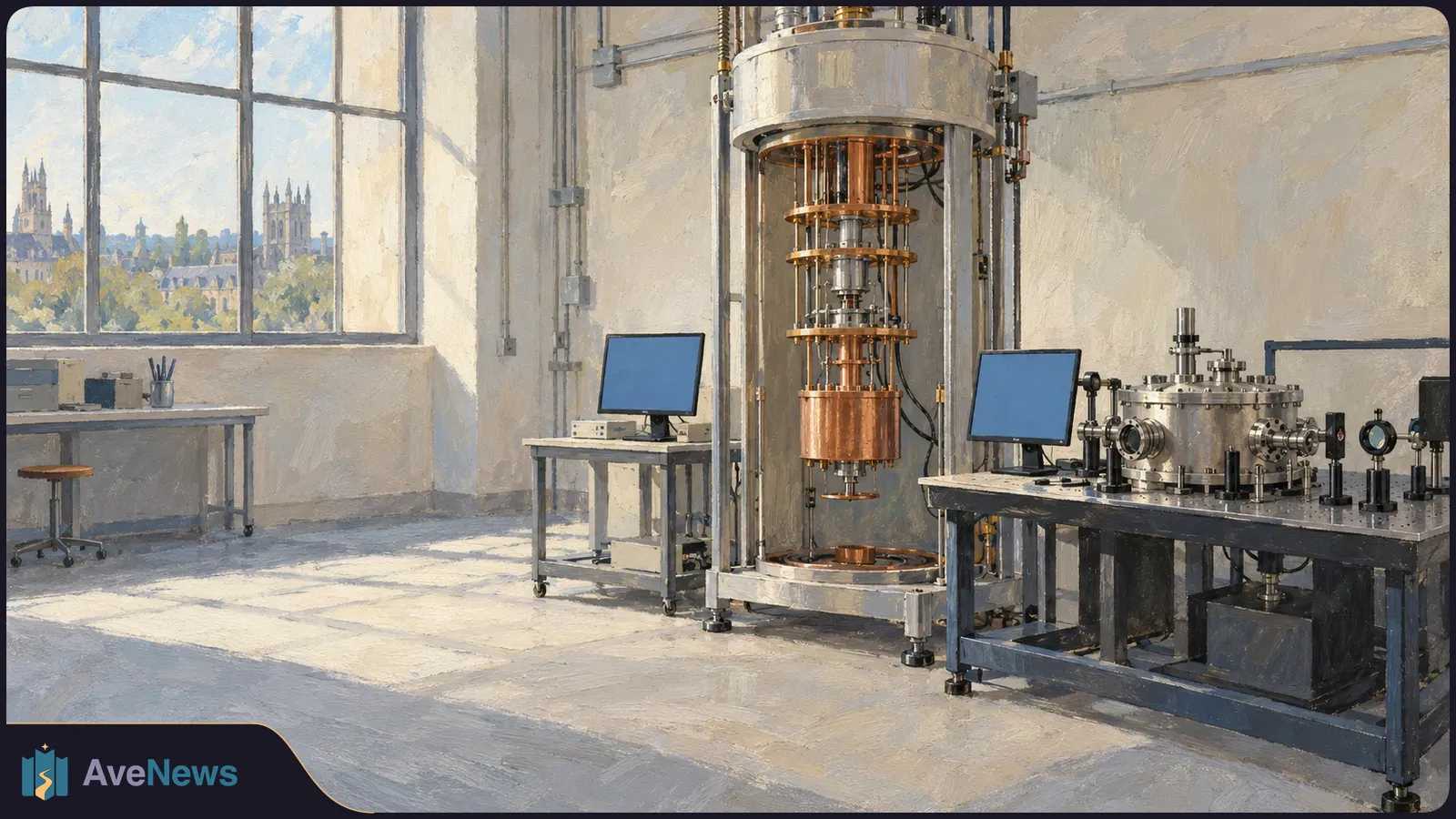 A painterly laboratory scene with a tall copper-and-silver apparatus, a smaller metal chamber and two blank blue monitors. City spires are visible through a large window. SI illustration