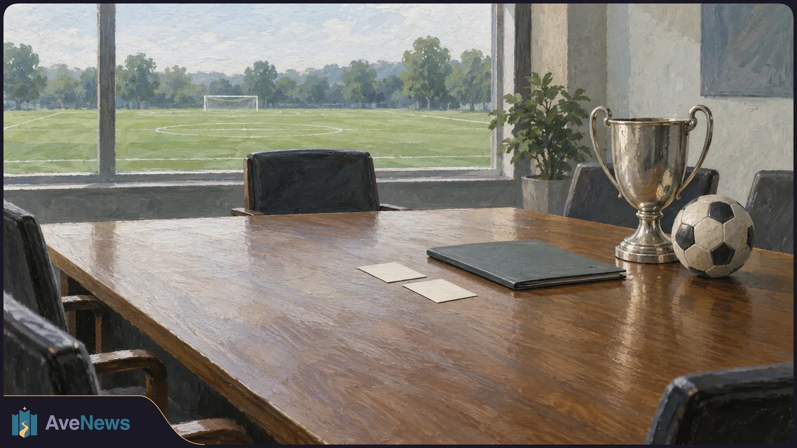 Painted meeting room overlooking a football pitch, with a trophy, football, closed folder and two blank cards on a wooden table. SI illustration