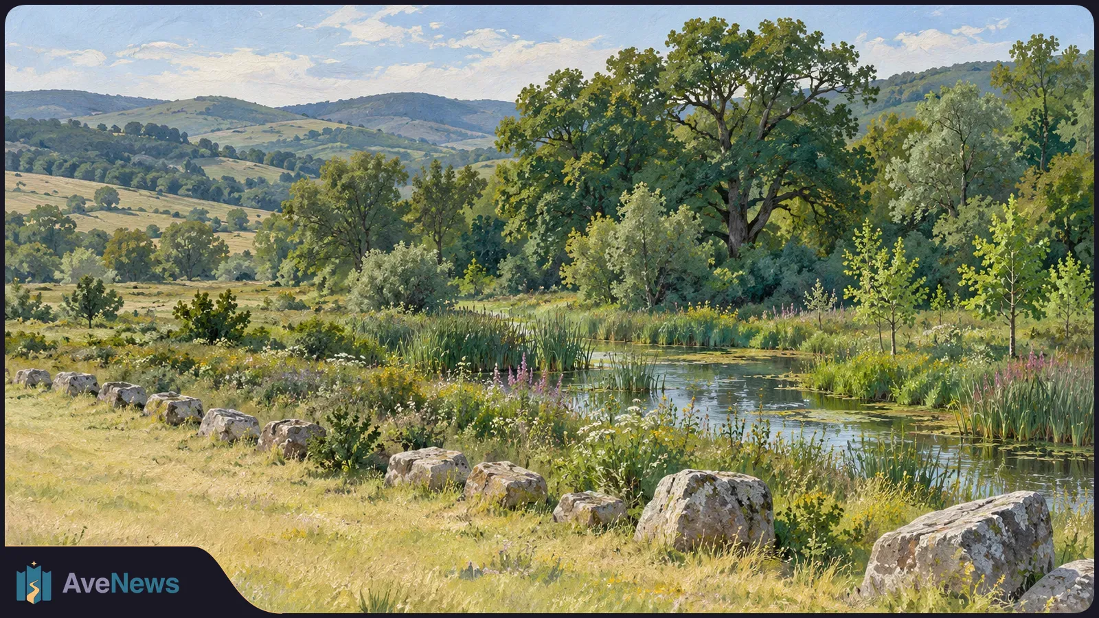 Illustrated landscape with a reed-lined pond, wildflowers, trees and distant rolling hills; a row of pale rocks crosses the grassy foreground. SI illustration