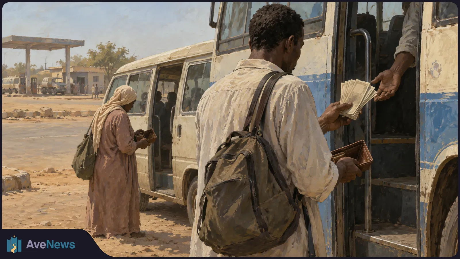 Painterly scene of a man with a shoulder bag handing banknotes to someone at a bus door; a woman holding a wallet stands beside a minibus on a dusty road. SI illustration