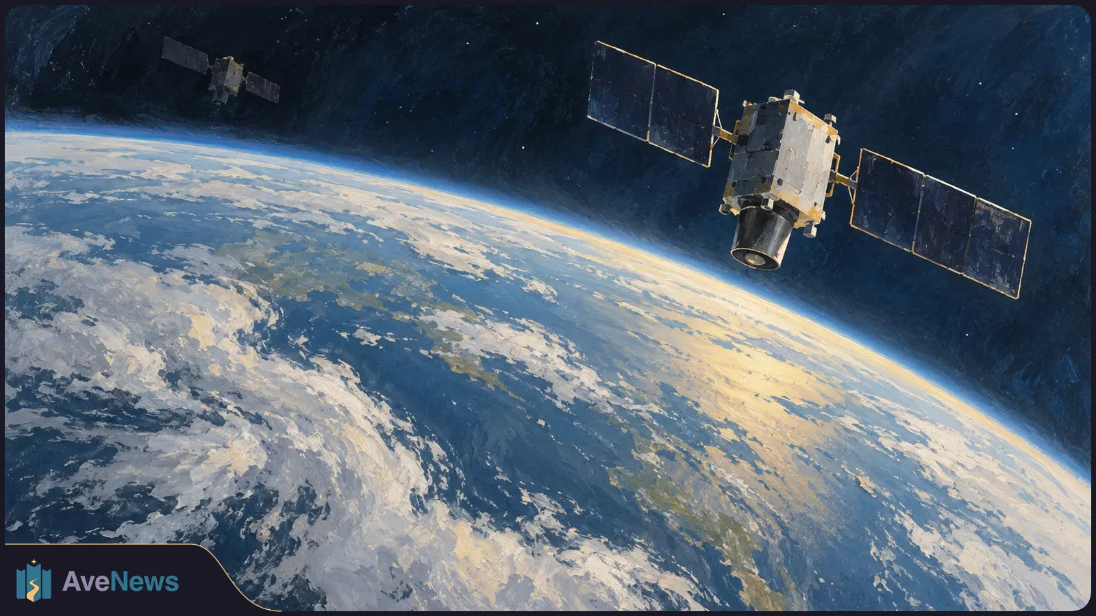 Painterly view of two solar-panel satellites above the curved, cloud-covered Earth, one close and one distant against dark space. SI illustration