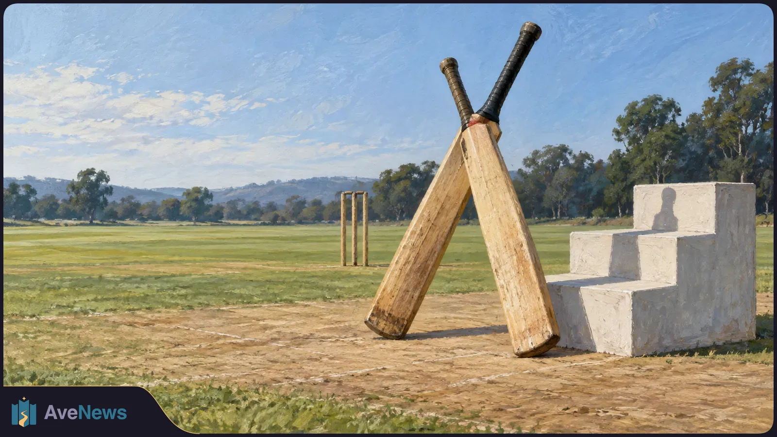 Two cricket bats lean together on a pitch, with stumps in the distance and a three-step white podium beside them. SI illustration
