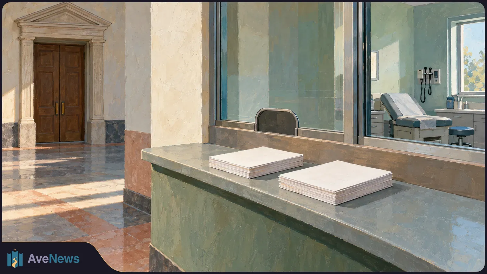 Painted medical reception area with two stacks of blank paper on the counter. An exam table and wall-mounted instruments are visible through glass; wooden double doors stand at left. SI illustration