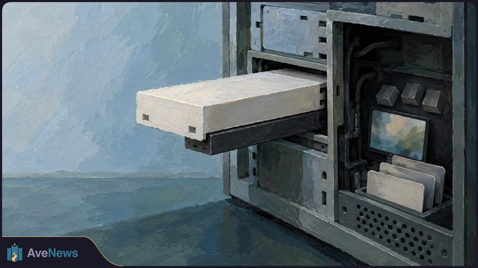 Painterly illustration of an open computer tower with a pale drive tray extending from its case. Cables, three knobs, a small screen and stacked cards are visible inside. SI illustration