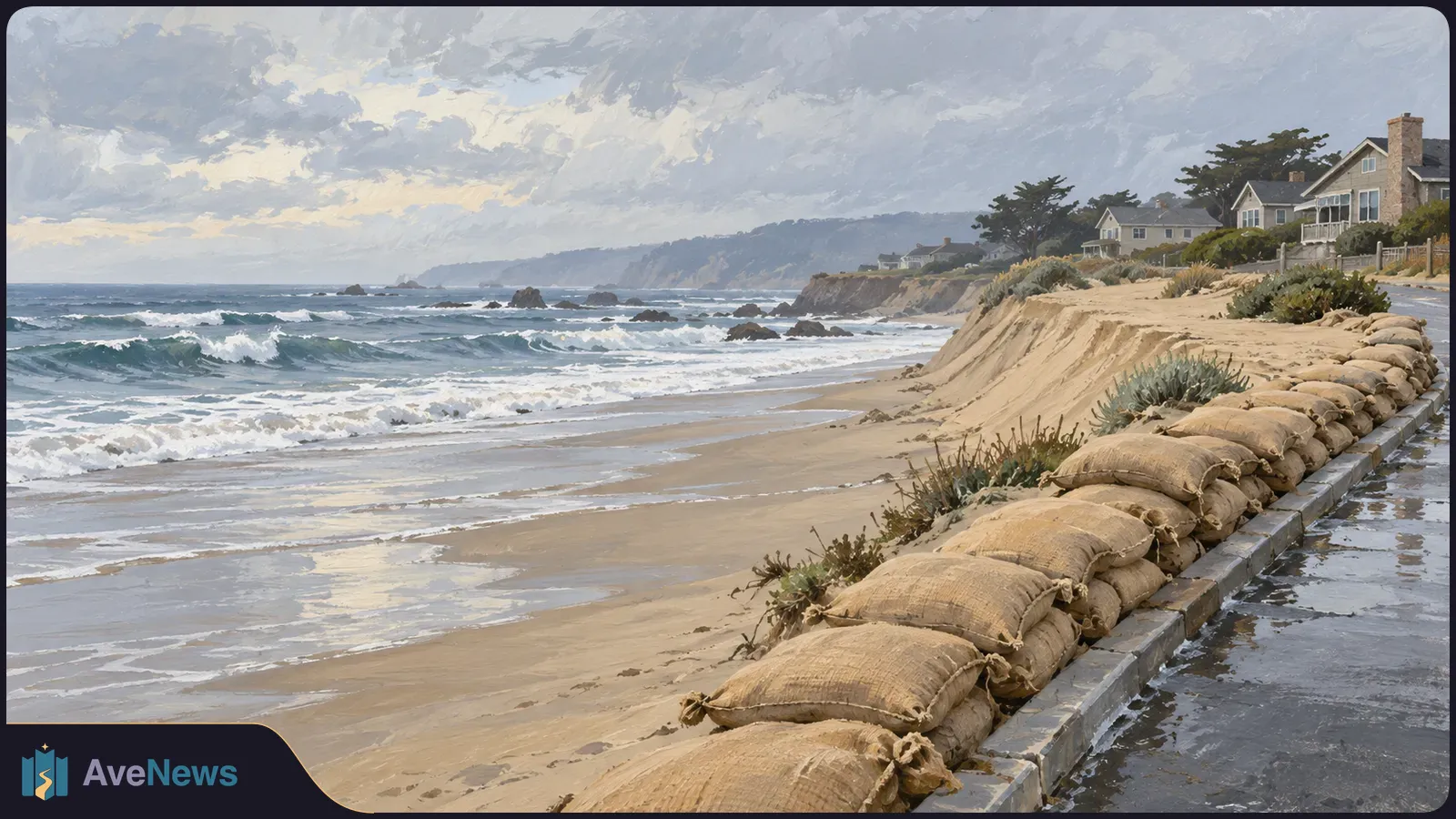 Painted coastal scene with sandbags lining a paved shore road beside a sandy beach, breaking waves and houses on the bluff. SI illustration