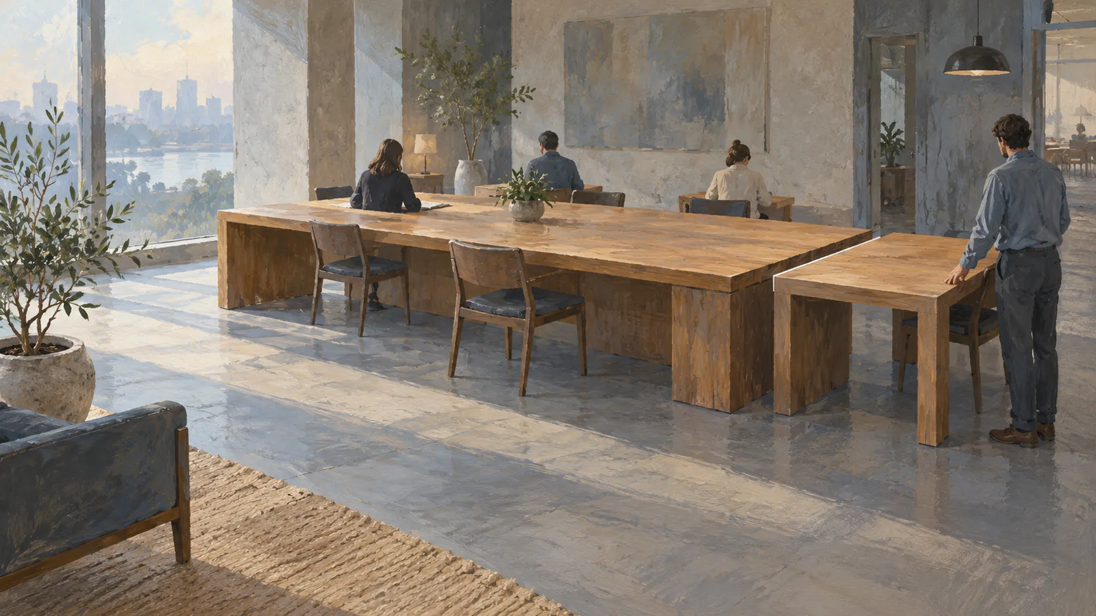 Painterly illustration of a sunlit office with large wooden tables, three seated people and a standing man. Plants and tall windows overlook water and a distant skyline. SI illustration