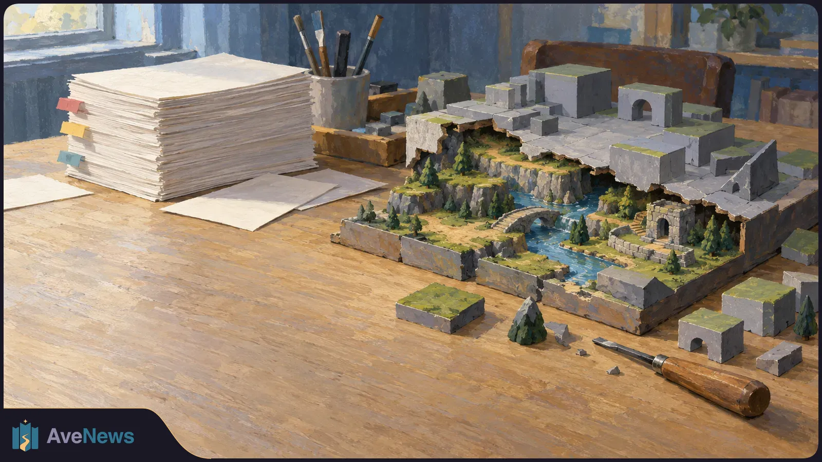 A painted tabletop scene with a miniature landscape, river and stone bridge, loose building blocks, a thick stack of tabbed papers and brushes. SI illustration