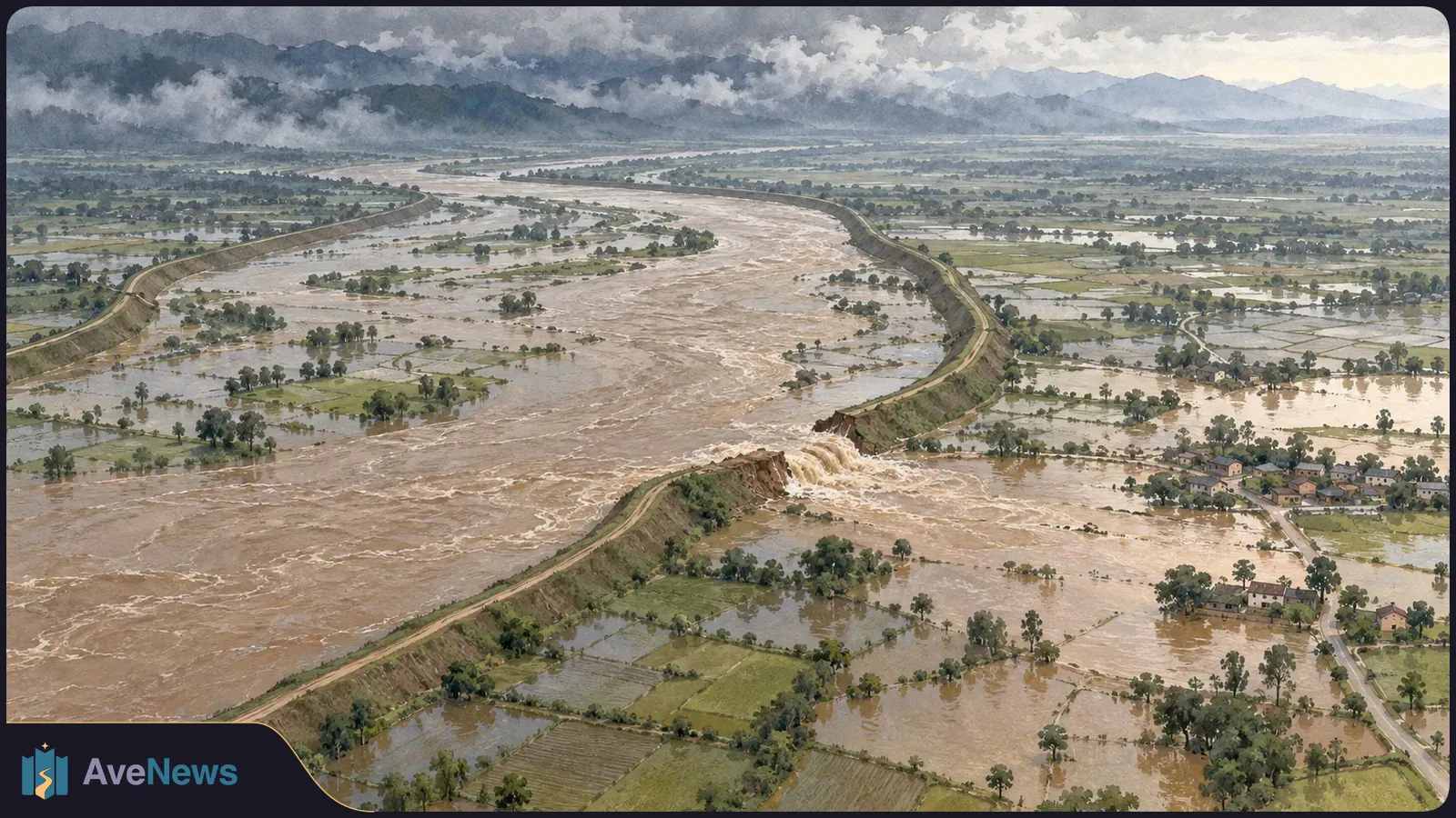 Watercolor aerial view of a muddy river breaching an embankment and flooding fields near a village, with cloud-covered mountains beyond. SI illustration
