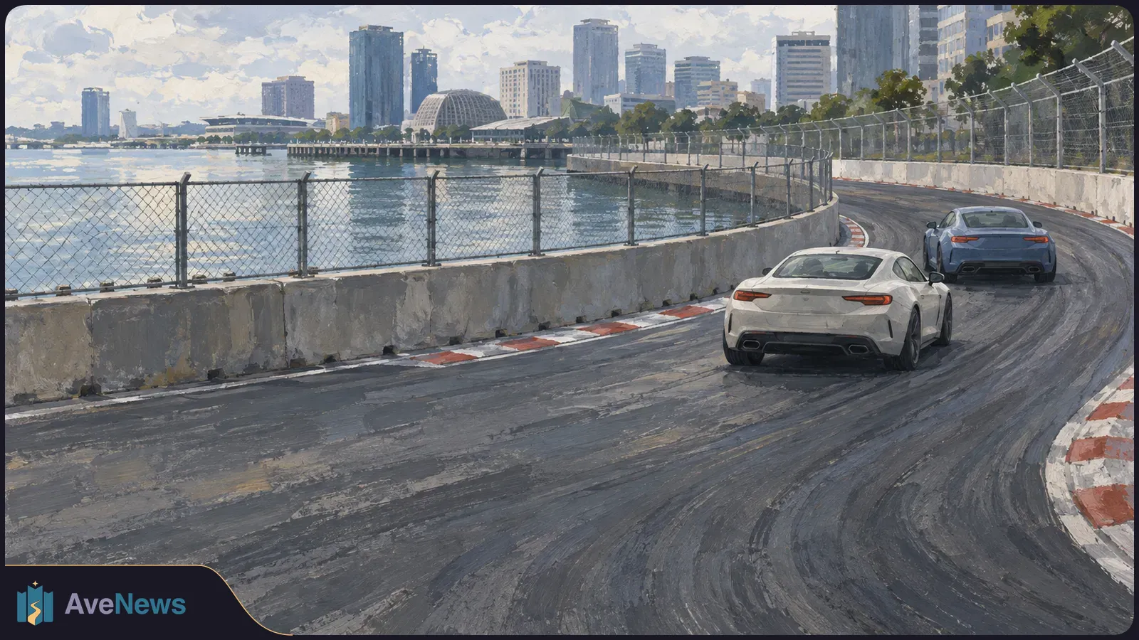 Painterly illustration of two sports cars rounding a fenced waterfront race circuit, with a city skyline across the water. SI illustration