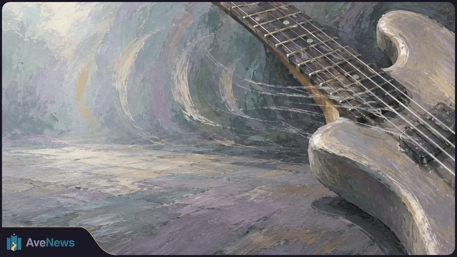 Painted close-up of a pale electric guitar stretching diagonally across a muted gray surface, with sweeping brushstrokes behind it. SI illustration