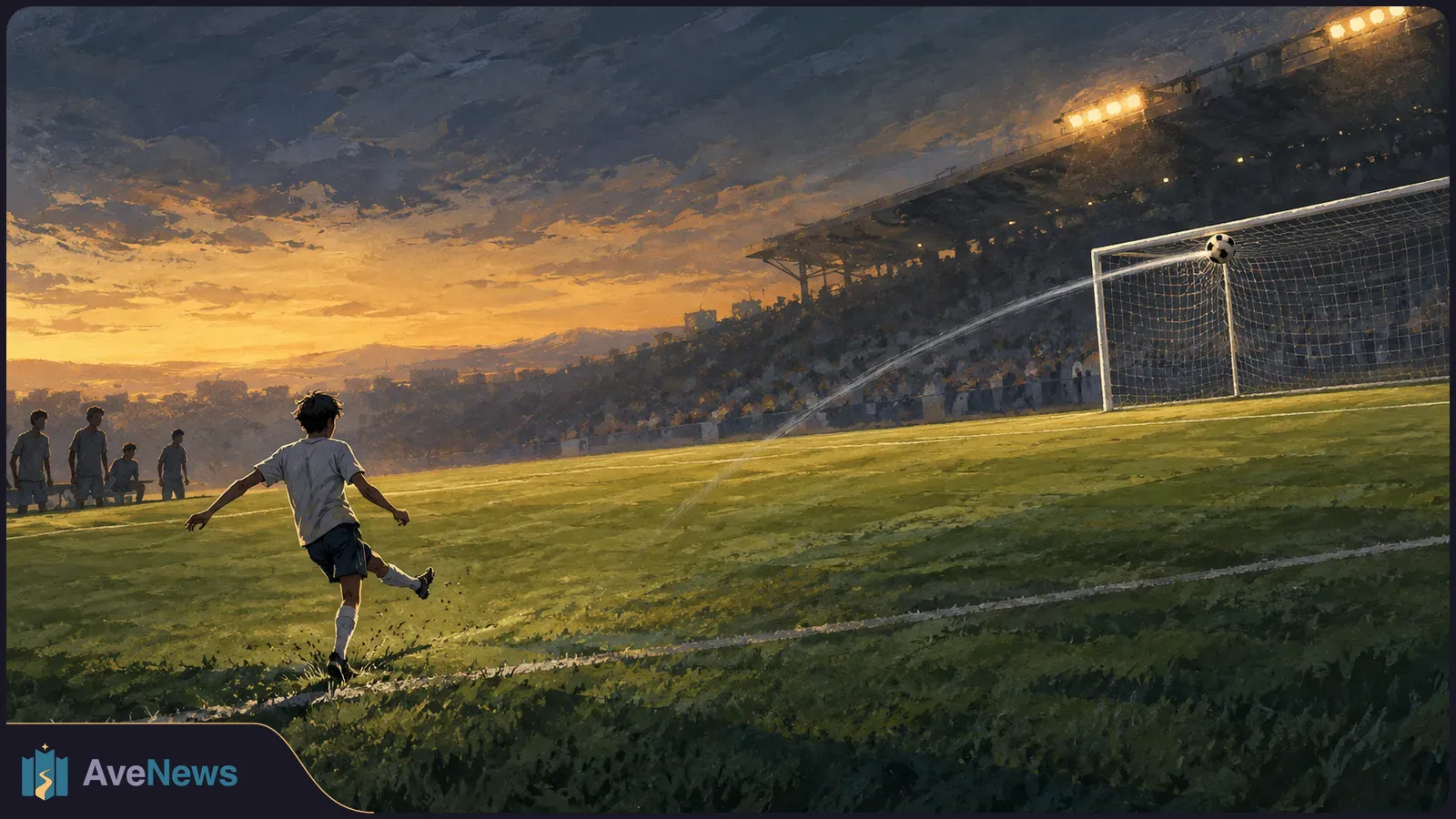 A young soccer player kicks as a ball arcs toward the upper corner of a goal in a crowded stadium at sunset. SI illustration