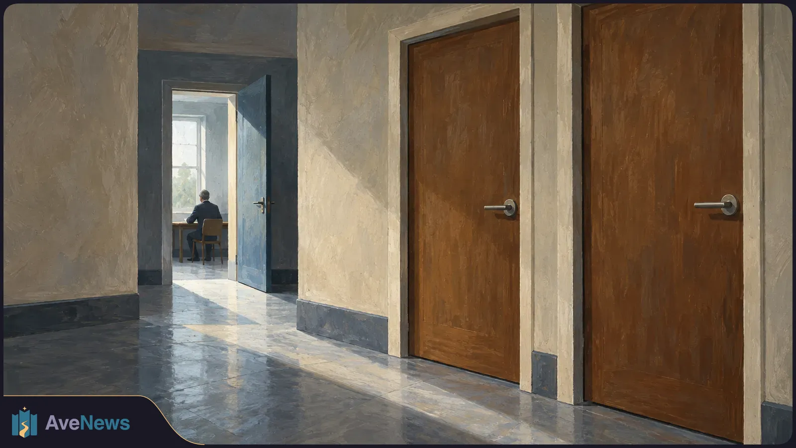 Painted hallway with two closed wooden doors and an open blue door leading to a bright room, where a person sits at a desk by a window. SI illustration