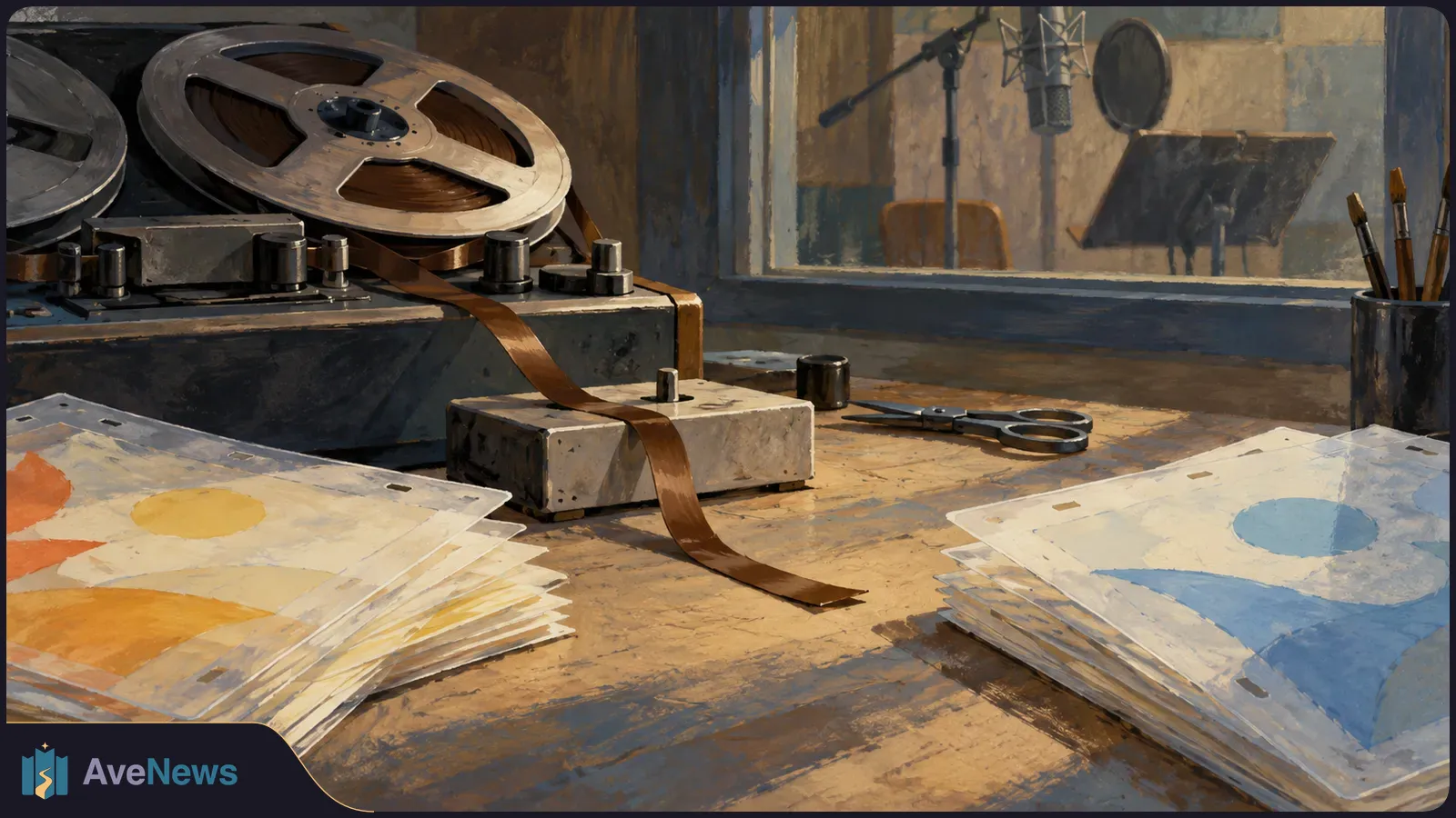 Illustration of a reel-to-reel tape recorder and loose tape on a desk between stacks of painted animation sheets; a microphone stands behind a studio window. SI illustration