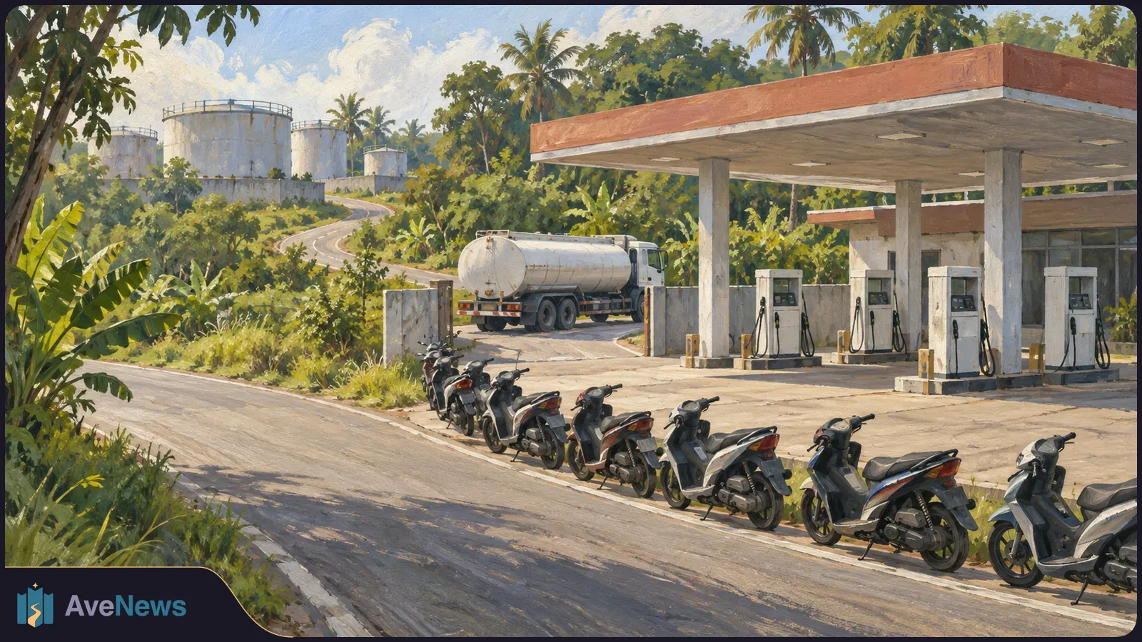 Painted scene of motorbikes lined along a road beside fuel pumps, with a tanker truck and storage tanks amid dense greenery. SI illustration