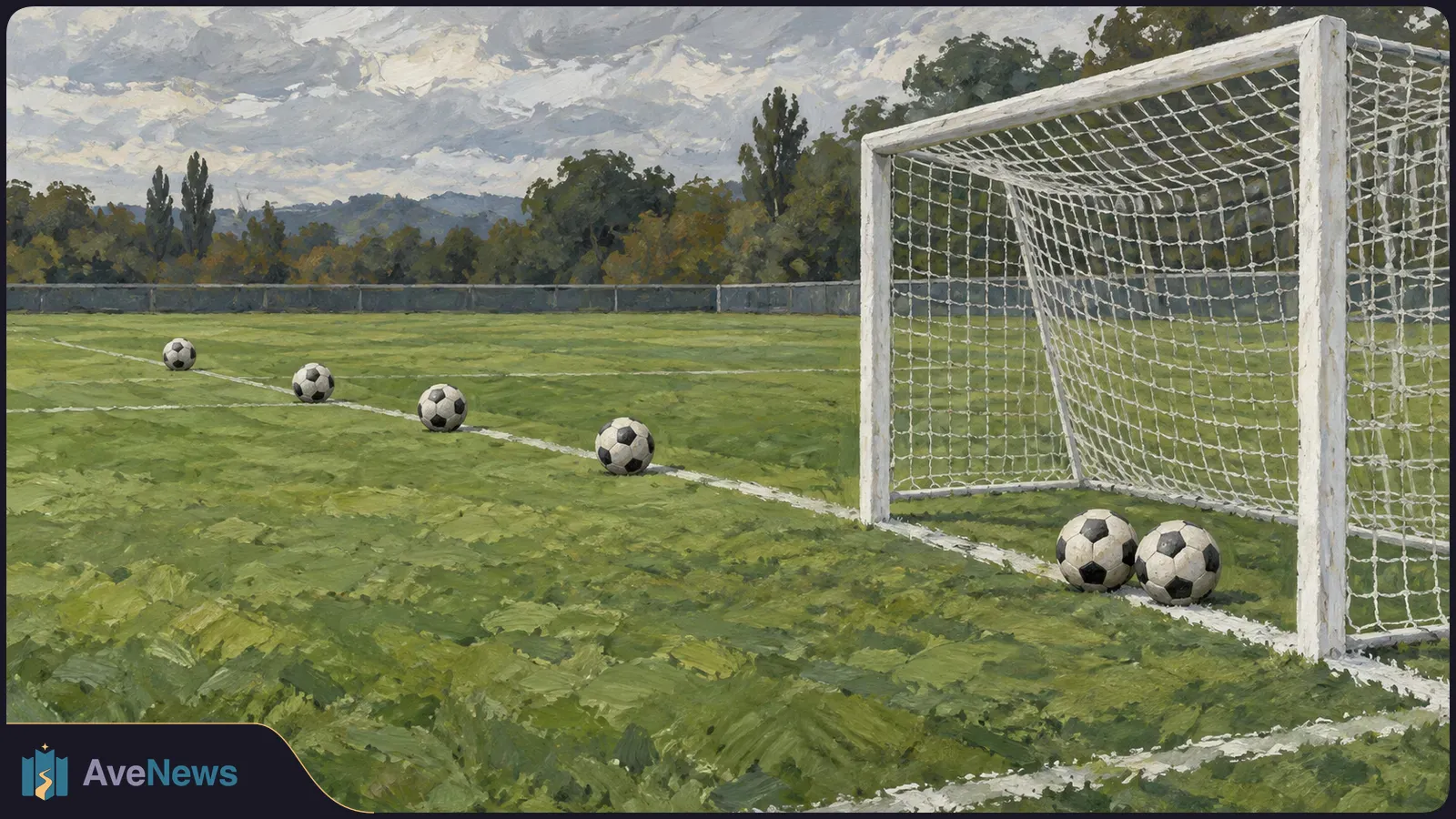 Painted soccer field with six balls along the white markings, a goal on the right, and trees beneath a cloudy sky. SI illustration
