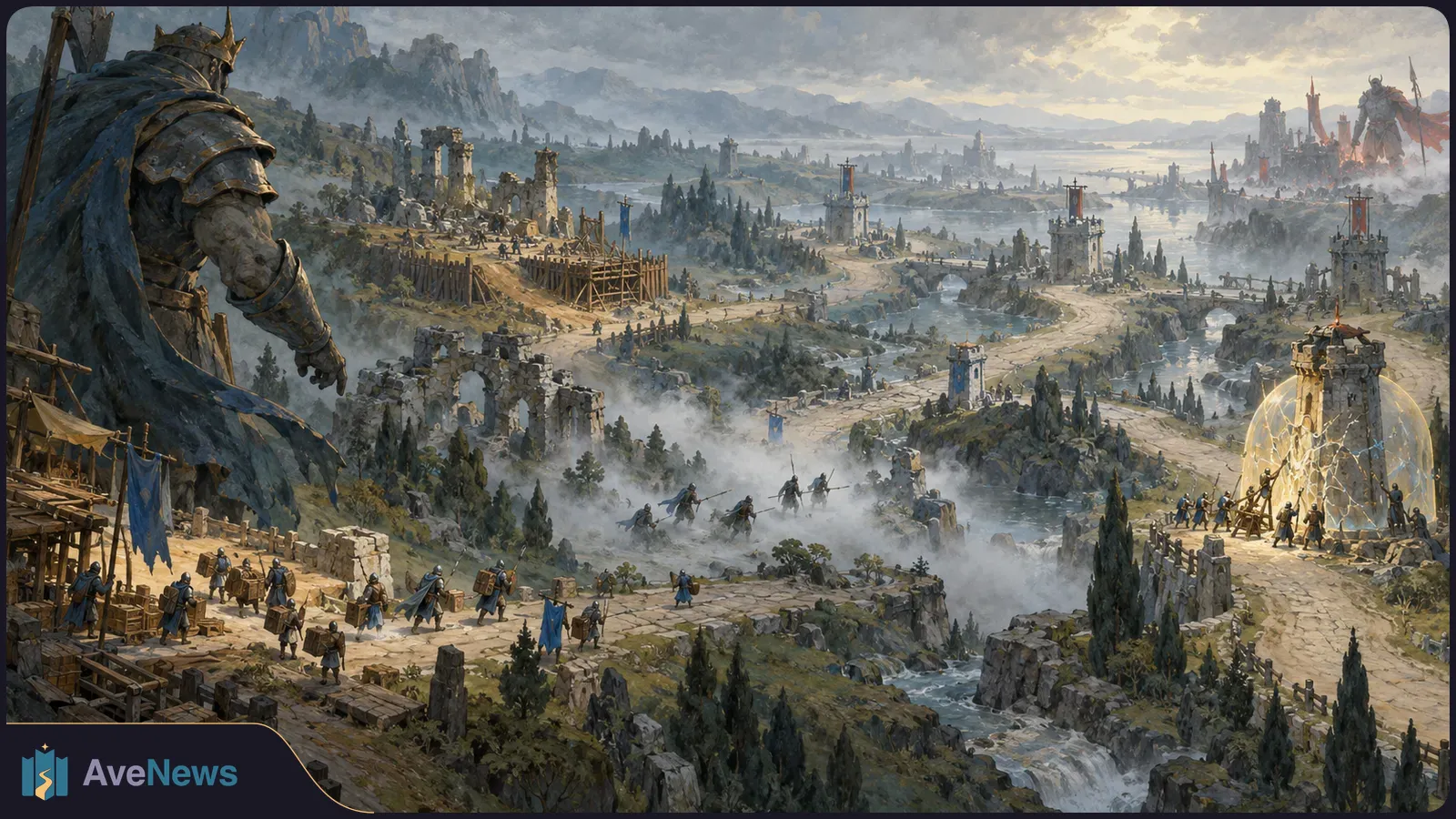 An armored giant overlooks soldiers marching through a ruined, mountainous battlefield toward towers and a glowing shield. SI illustration