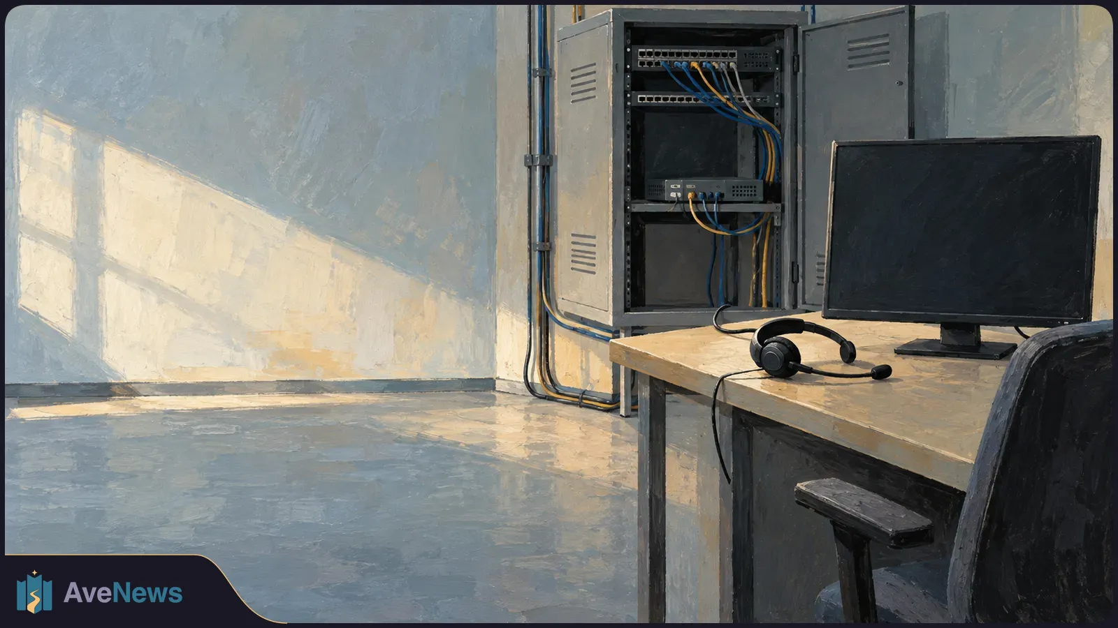 A headset and blank monitor sit on a desk beside an open wall-mounted network cabinet with cables in a sunlit, empty room. SI illustration