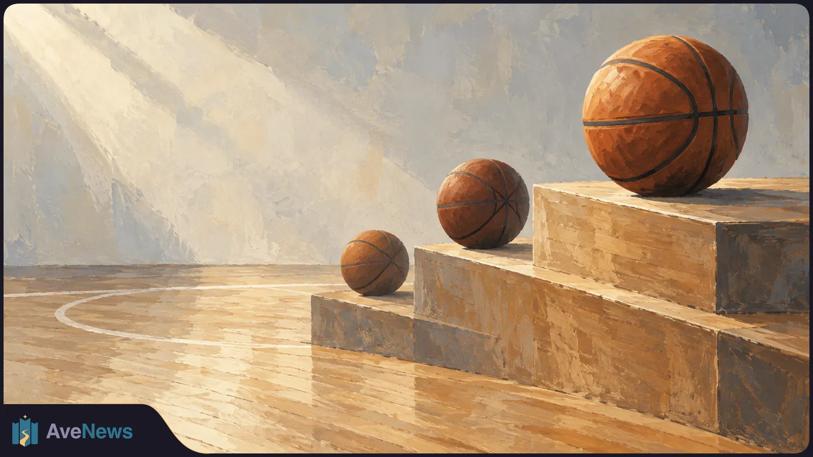Painterly illustration of three basketballs on stepped wooden platforms beside a court line, with sunlight falling across the floor and wall. SI illustration