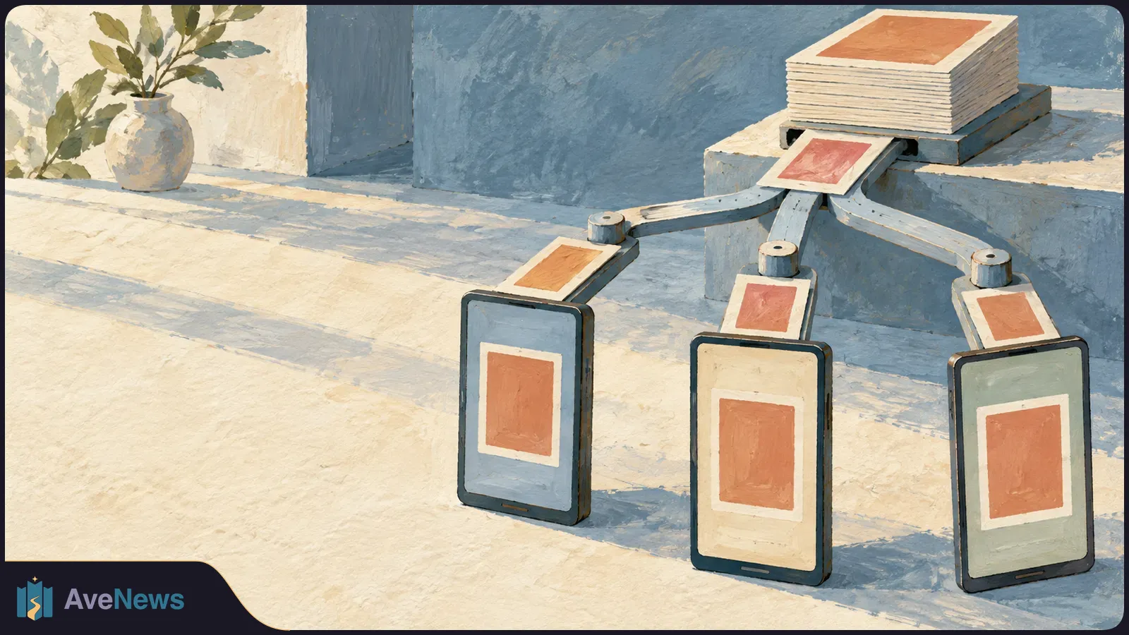 Painted illustration of a stack of peach-colored cards connected by branching arms to three upright phones, each displaying a matching blank card. A leafy vase sits at left. SI illustration
