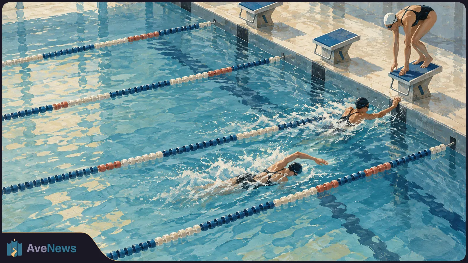 Painterly view of a pool: one swimmer crouches on a starting block, another reaches the wall, and a third swims in the next lane. SI illustration