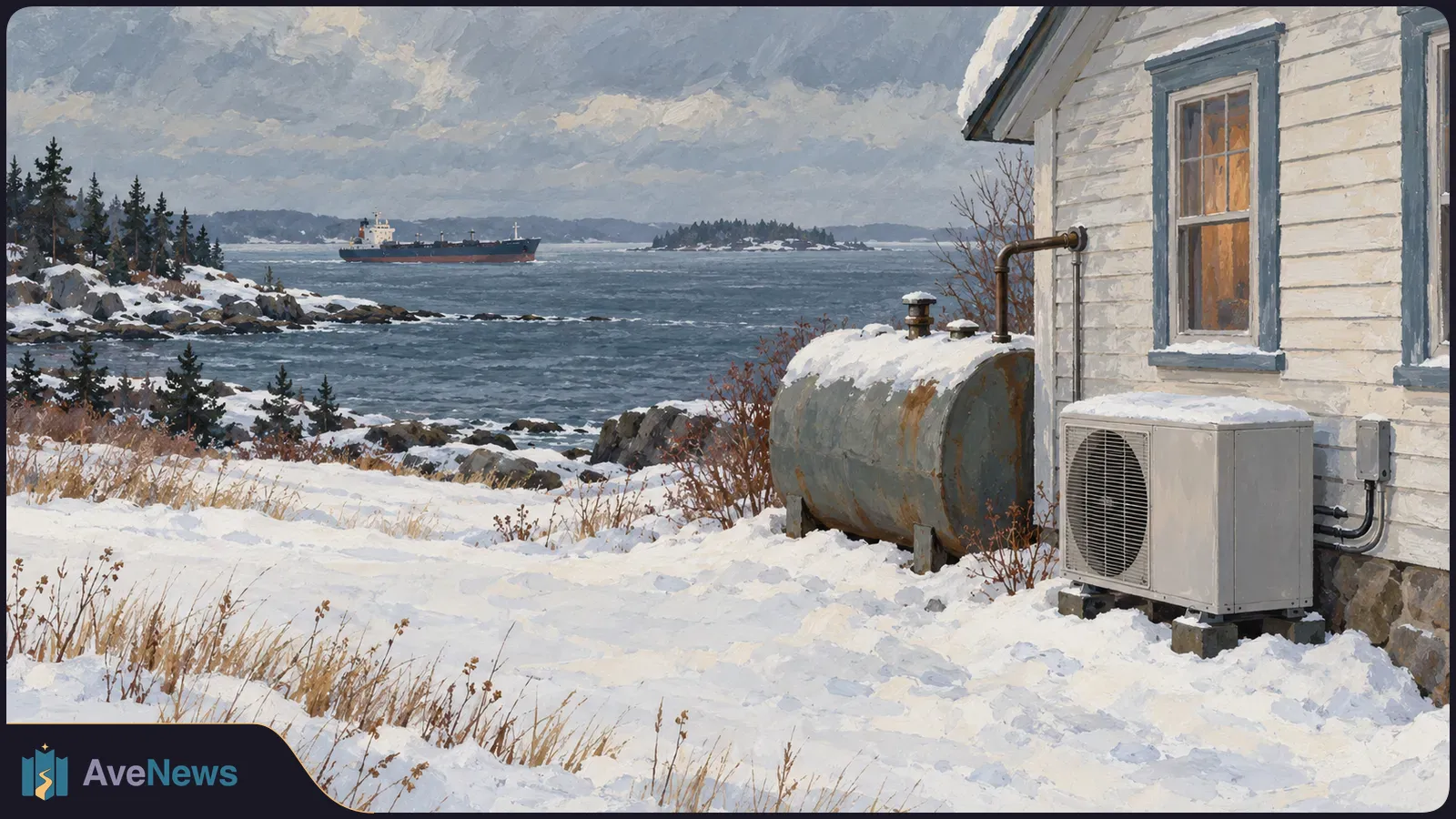 Painted snowy coast with a ship offshore and, beside a house, an oil tank and outdoor heat-pump unit. SI illustration