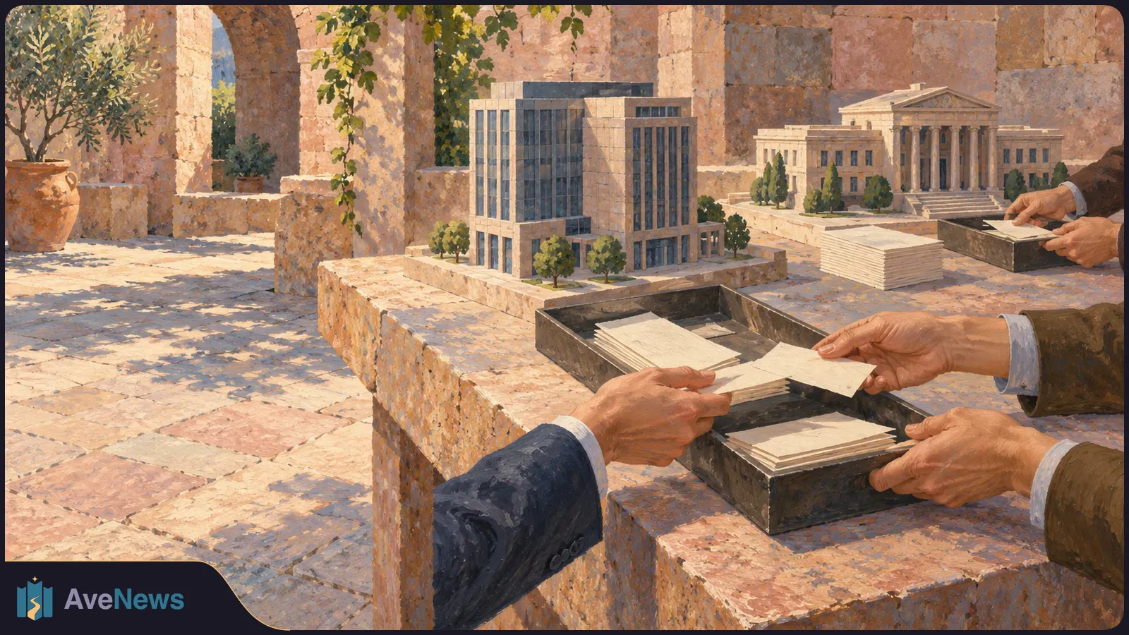 In a sunlit stone courtyard, hands in suit sleeves exchange blank sheets over trays beside models of a modern office block and a columned building. SI illustration