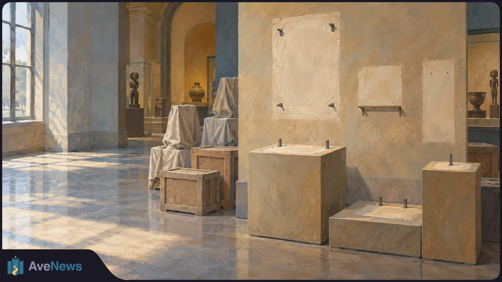 Painterly museum gallery with empty wall mounts and display plinths, wooden crates, draped objects, and statues in the background. SI illustration