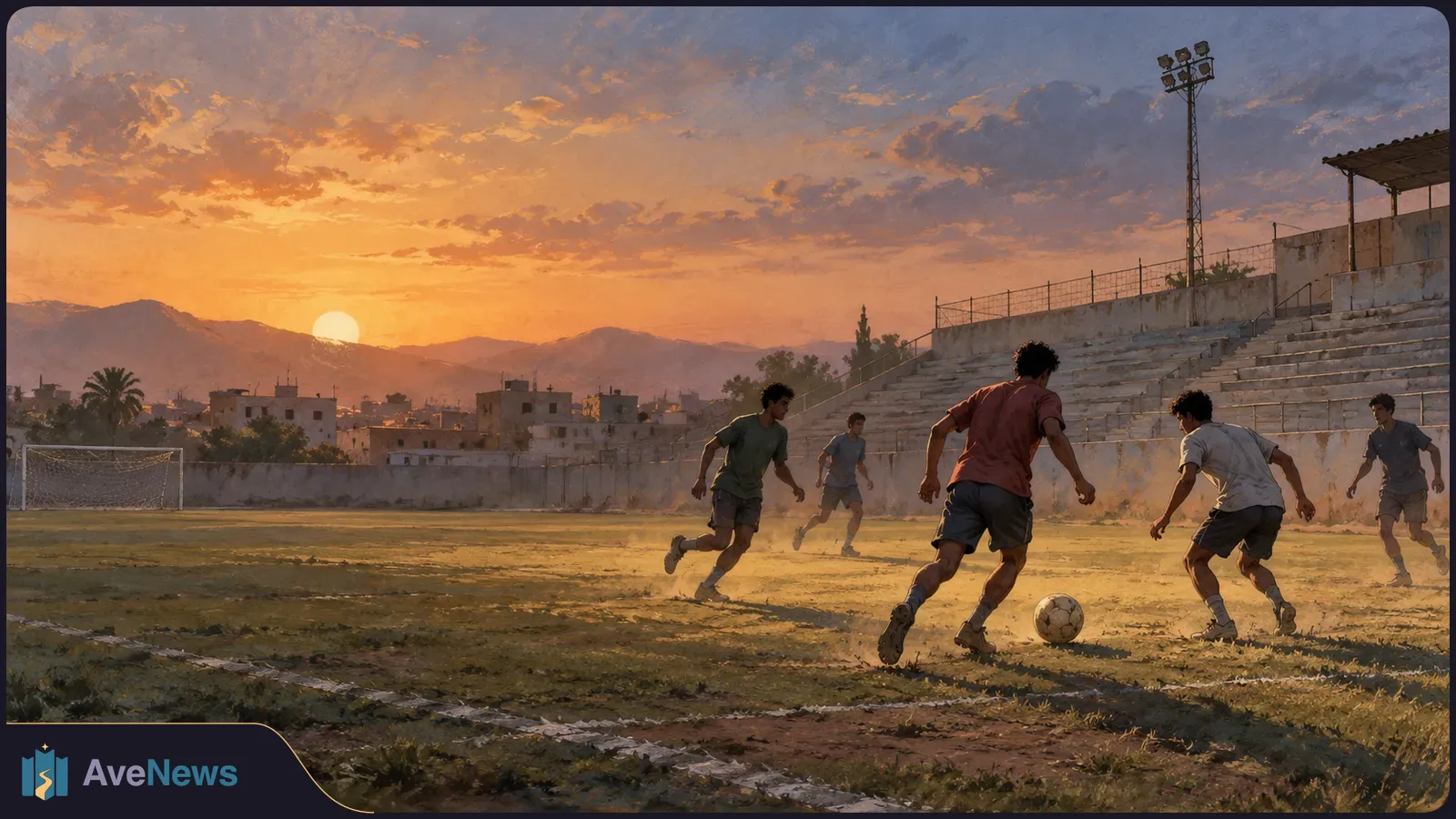 Five footballers play on a worn pitch at sunset, with a goal, empty concrete stands and mountains beyond. SI illustration