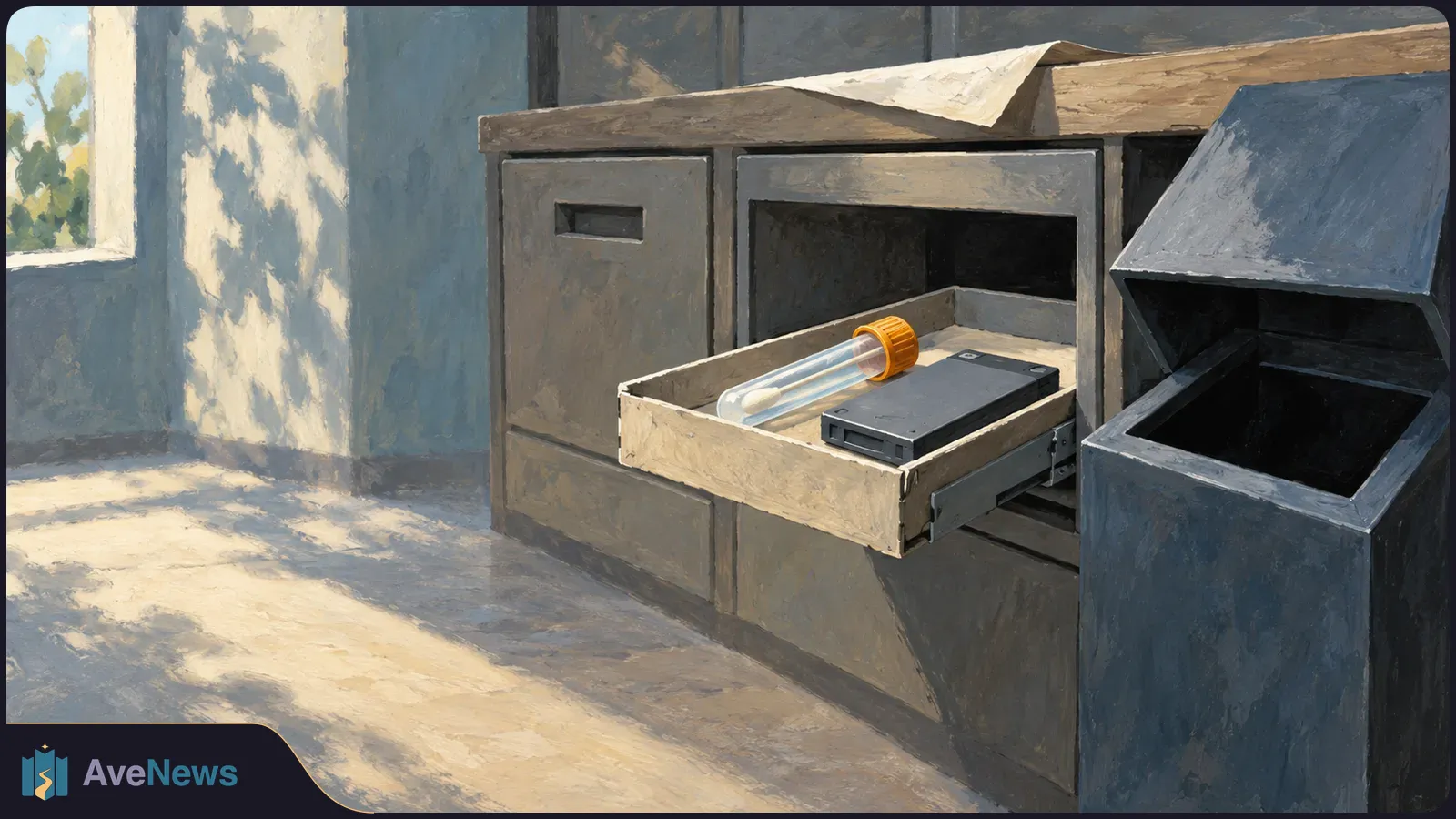 Painted scene of an open cabinet drawer holding a capped sample tube and a black rectangular case beside an open dark bin. Sunlight casts leafy shadows on the wall and floor. SI illustration