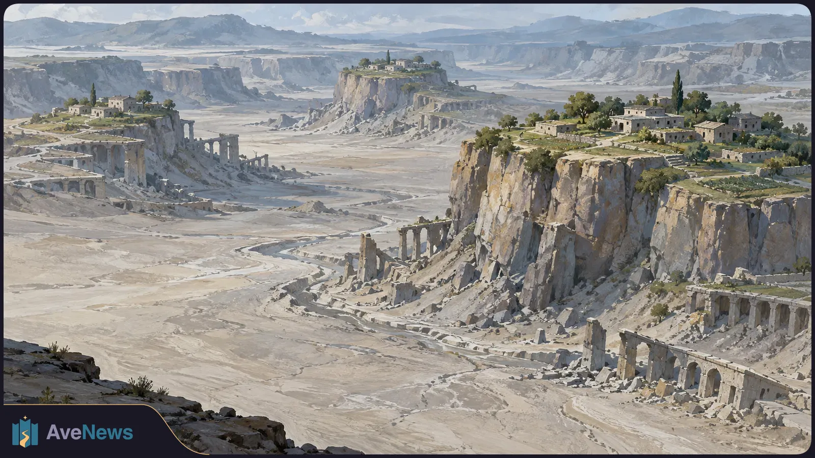 Painted panorama of small green settlements atop steep cliffs, above a vast pale, barren valley dotted with broken stone arches. SI illustration