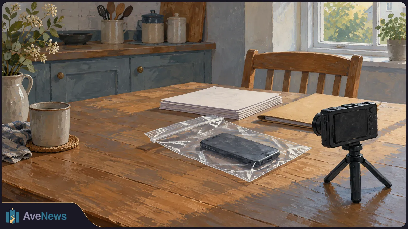 On a wooden kitchen table, a phone lies in a clear plastic bag beside blank papers, while a camera on a small tripod faces it. SI illustration