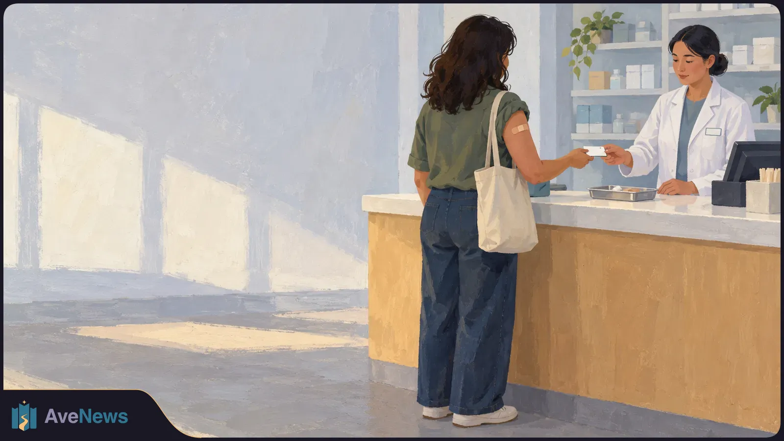 Illustration of a woman with a bandage on her upper arm handing a card to a worker in a white coat across a pharmacy counter. SI illustration