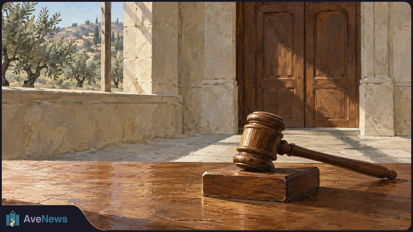 A painted wooden gavel rests on its block atop a table, with closed wooden doors and olive trees beyond a stone terrace. SI illustration