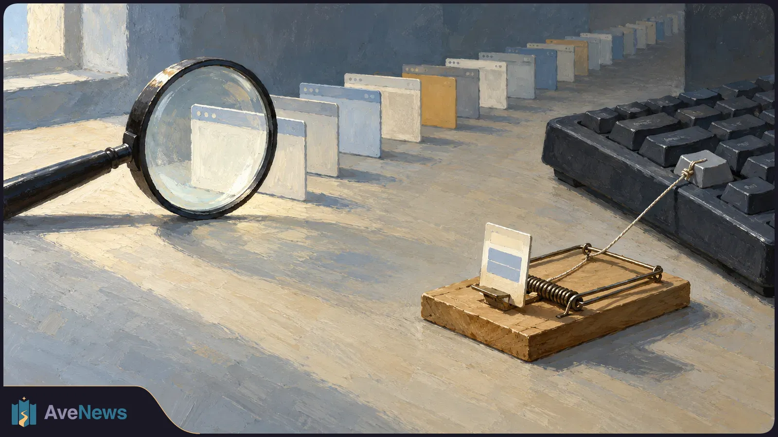 A painted scene shows a magnifying glass over a row of blank browser windows. A small window sits in a mousetrap beside a keyboard. SI illustration
