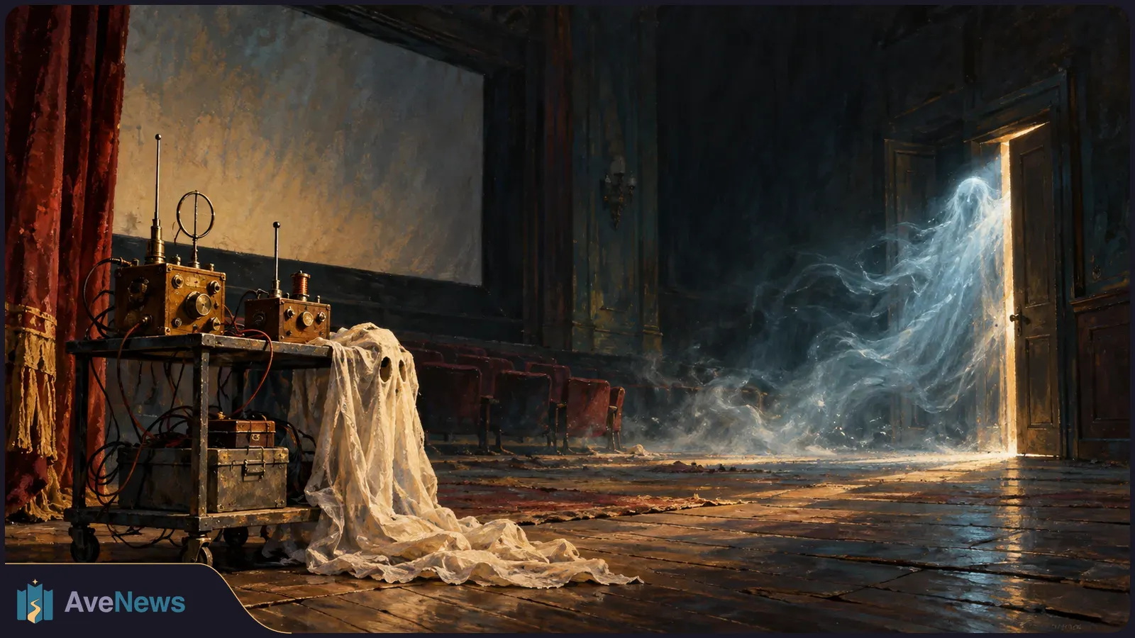 Illustration of a dim, worn theater with rows of seats, ghost-hunting equipment on a cart, and a glowing, ghostlike figure drifting through an open doorway. SI illustration