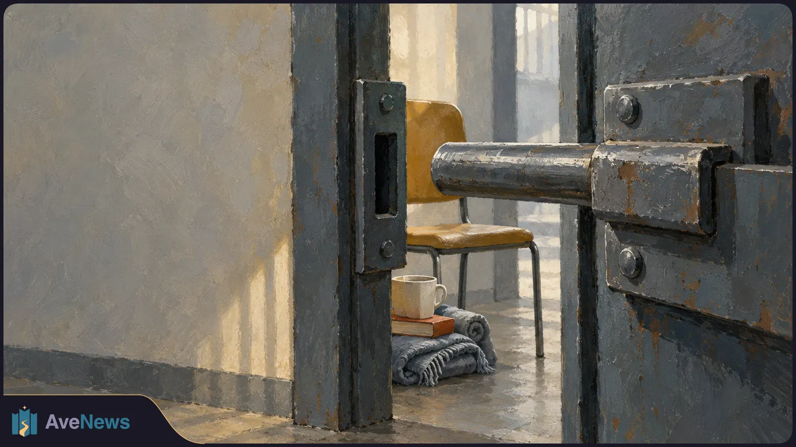 Painterly view of a heavy metal door with a sliding bolt. Through the doorway are a chair, a mug on a book, and folded blankets on the floor. SI illustration